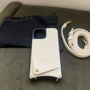 Emma Bandolier white leather, gold metal IPhone 13 Pro Max case&crossbody strap.